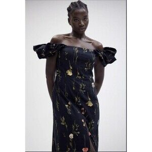 NWT H&M Linen-blend Cotton Off-the-shoulder Midi Dress Black/Floral XXL COttage